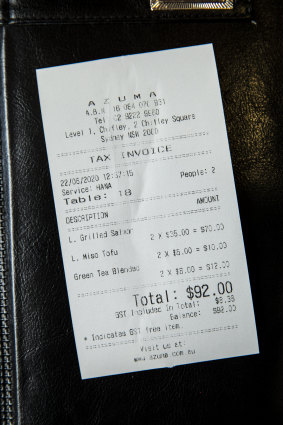 The bill from Azuma Japanese Restaurant.