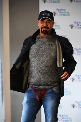 Koukash models his outfit, should his horse win the Cup.