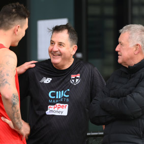 Geoff Walsh (right) with Josh Battle and Ross Lyon at St Kilda last year.