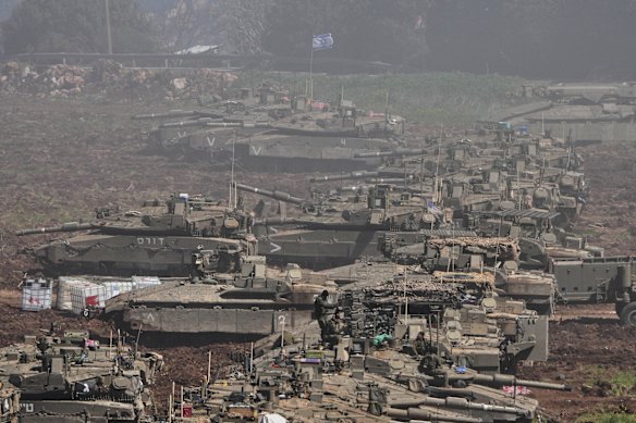 Israeli tanks parked in a staging area in northern Israel near the border with Lebanon on March 8.