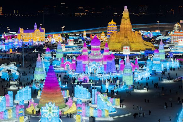 The festival features the world’s largest ice sculptures.