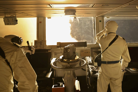 An image from the bridge of HMS Diamond, as Sea Viper missiles are fired in the Red Sea.