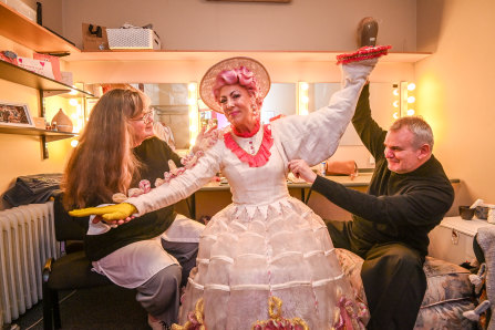 Tea time: Beauty and the Beast head of wardrobe Darryl Myott and his deputy Sue Bell with actor Jayde Westaby in a dressing room at Her Majesty’s Theatre.