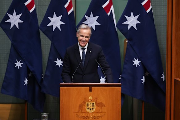Canada’s Prime Minister Mark Carney addressing the Australian parliament.