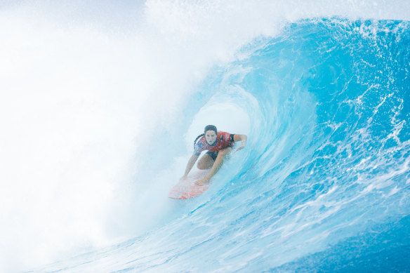 Tyler Wright surfs during the Tahiti Pro semi-final at Teahupo’o.