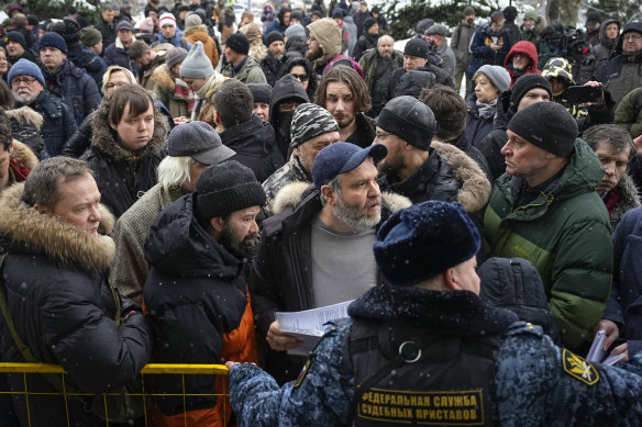 Supporters of Igor Girkin gather outside the Moscow’s City Court.