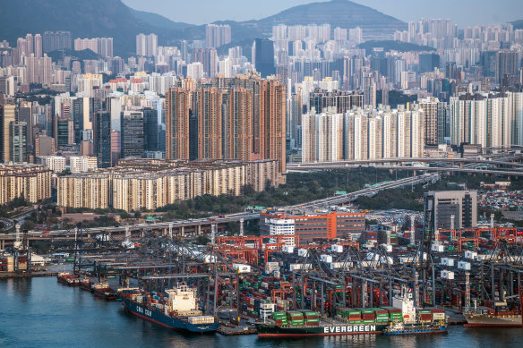 Shipping containers at the Kwai Tsing container terminals in Hong Kong. 