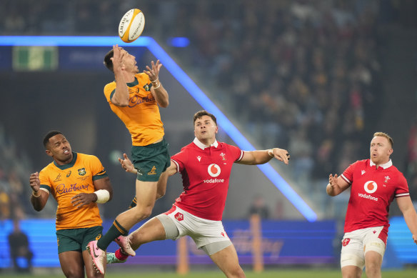 Jake Gordon takes a high ball against Wales. 