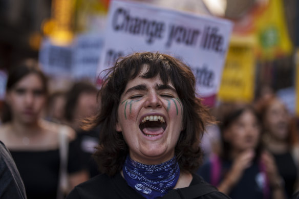 A woman shouts slogans during a Global Climate Strike ‘Fridays For Future’ protest in Madrid, Spain.