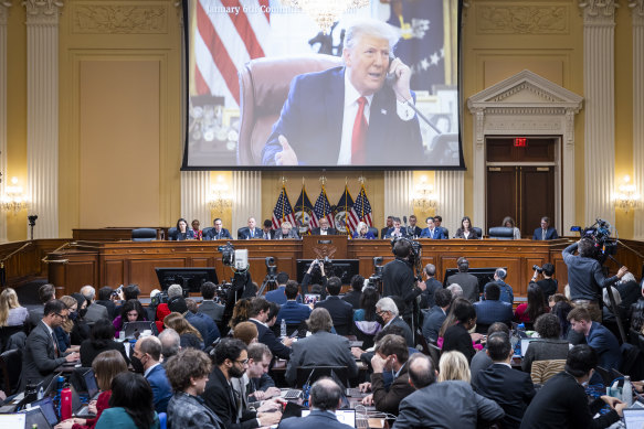 An image of former US president Donald Trump is displayed as members of the House select committee to investigating the January 6 attack on the US Capitol held its last public meeting on December 19.
