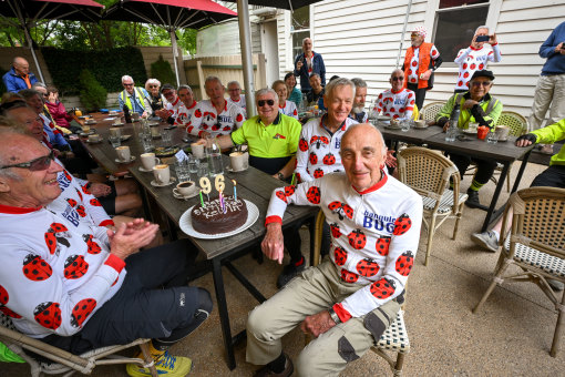 The oldest Banyule Bicycle User  Group member Kelvin Chamier on his 96th birthday with friends at Churchill cafe, Mont Albert.