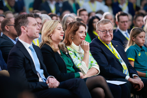 Coates, right, with Sports Minister Anika Wells, second from right, and former Queensland premier Annastacia Palaszczuk, second from left.