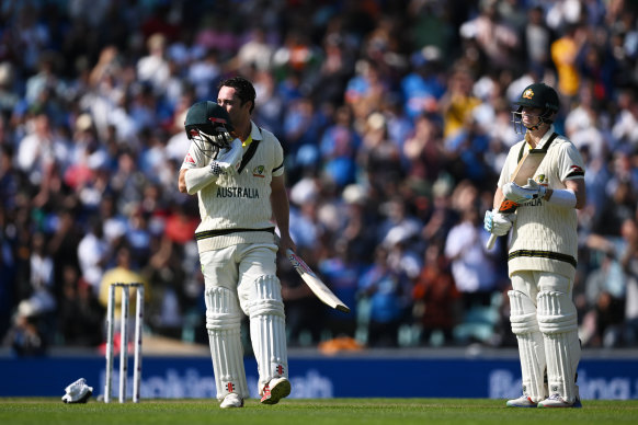 Steve Smith applauds Travis Head’s first Test hundred overseas.