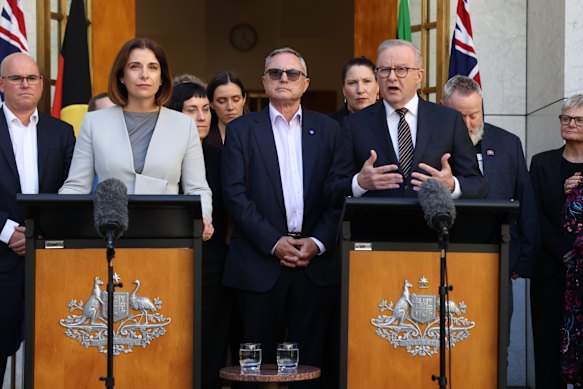 Wells and Albanese during a press conference unveiling Labor’s digital duty of care reforms. 