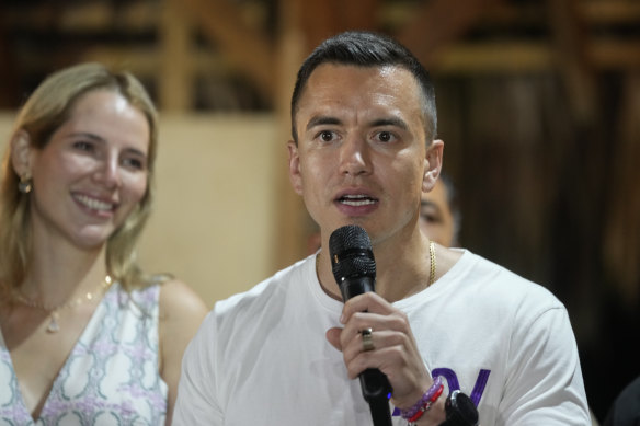 Daniel Noboa, 35 and a political novice, speaks in Olon, Ecuador.