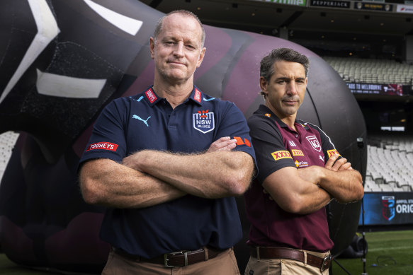 NSW coach Michael Maguire and Queensland’s Billy Slater.