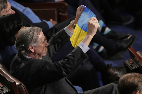 A Democratic member of Congress holds a Ukrainian flag as President Donald Trump addresses the joint sitting.