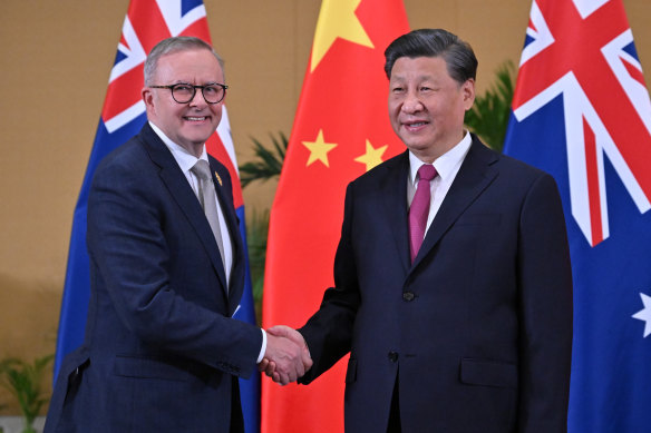 Prime Minister Anthony Albanese, who will meet the Chinese president in coming days, with Xi Jinping at the G20 summit in Bali last year. 