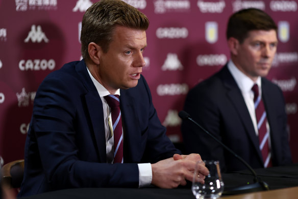 Aston Villa sporting director Johan Lange with manager Steven Gerrard.