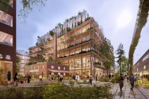 An artist’s impression of Stockholm Wood City – the world’s largest urban construction project in wood.