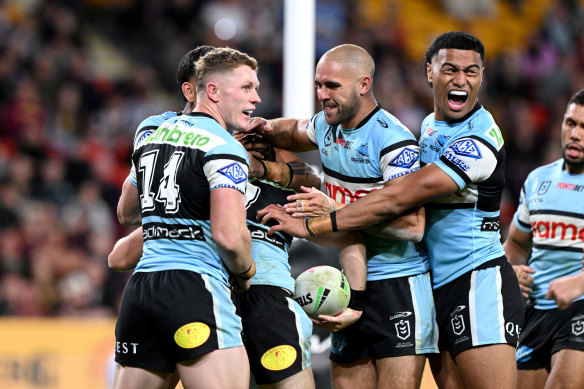 Cronulla celebrate Blayke Brailey’s try.