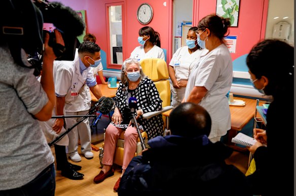 Seventy-eight-year-old Mauricette, who did not give her surname, after being vaccinated at the Rene-Muret hospital in Servan, near Paris, on Sunday.