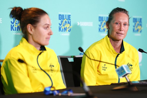 Sam Stosur addresses the press pack at Melbourne Park.