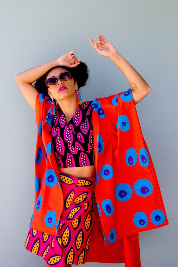 Shannon Brett, Femme gem 2020. Hand painted ink on fabric. Courtesy of the artist. Model: Perry Mooney. 