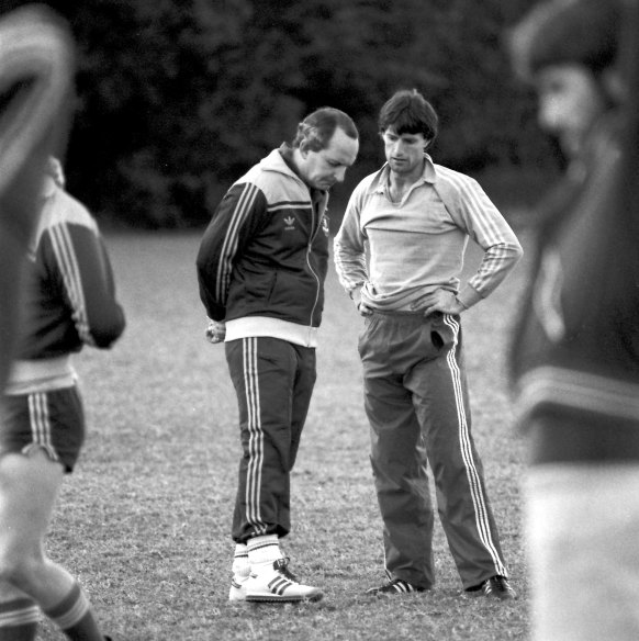 Wallabies coach Alan Jones (left) with skipper Andrew Slack at training in 1984.