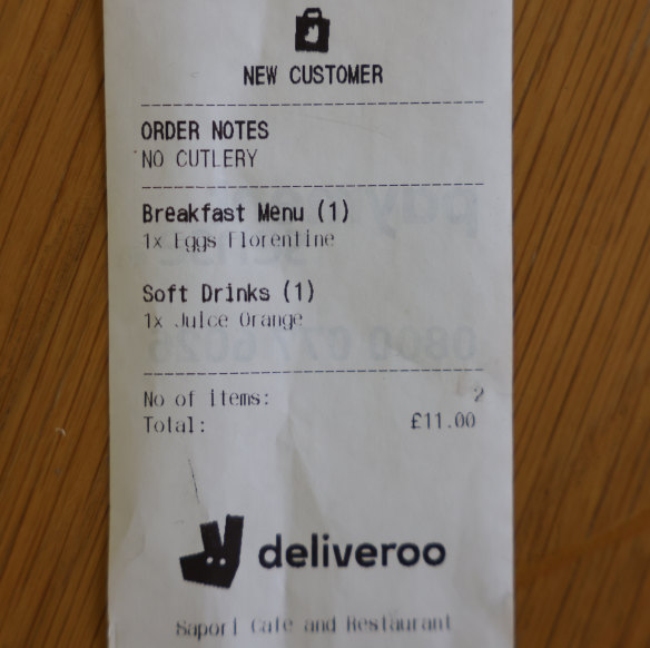 Deliveroo receipt from Sapori Cafe and Restaurant.