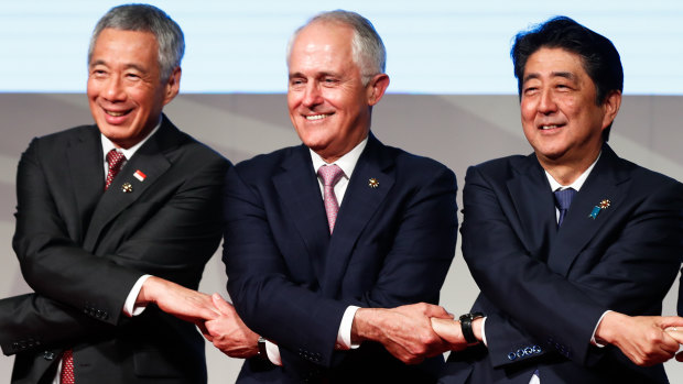 Singapore Prime Minister Lee Hsien Loong with Malcolm Turnbull and Japanese Prime Minister Shinzo Abe at the 2017 East Asia Summit.