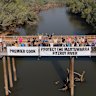 Banner drop on the Willare Bridge for the Martuwarra Fitzroy campaign.