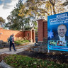 A large Josh Frydenberg campaign poster in the front yard of the home of AAT deputy president Karen Synon on Tuesday.
