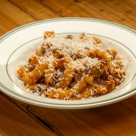 Rigatoni made in-house with an extruder machine, served with a minced wallaby and pig skin curry and grana padano.