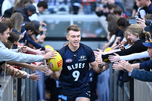 Big day ahead: Can Patrick Cripps emphatically prove the Blues are a premiership threat? We’ll see.