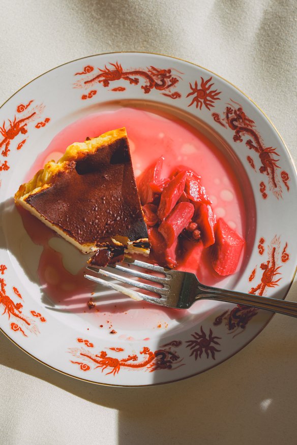 Orange blossom Basque cheesecake, Sichuan poached rhubarb and fresh pressed olive oil.