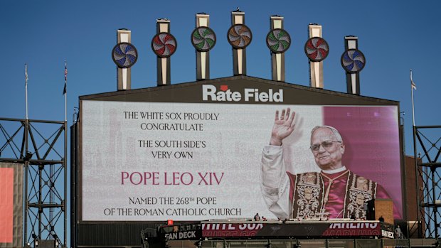 The Chicago White Sox honour Pope Leo XIV on the scoreboard before a baseball game.