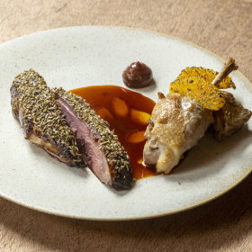 Fennel-crusted duck breast.