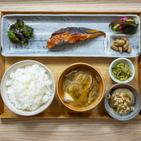 Teishoku (rice set meal) with grilled fish.