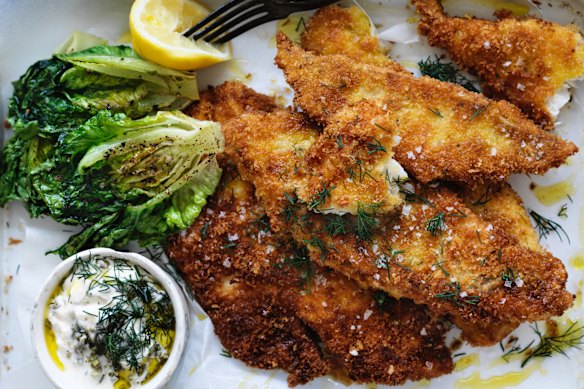 Snapper schnitzel with grilled lettuce and dill tartare.