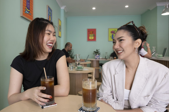 Cookie Boonhoi and Maima Thanawarankul drink a Cold Brew and Espresso Yuzu Fizz at Ickle Coffee in Kingsgrove.