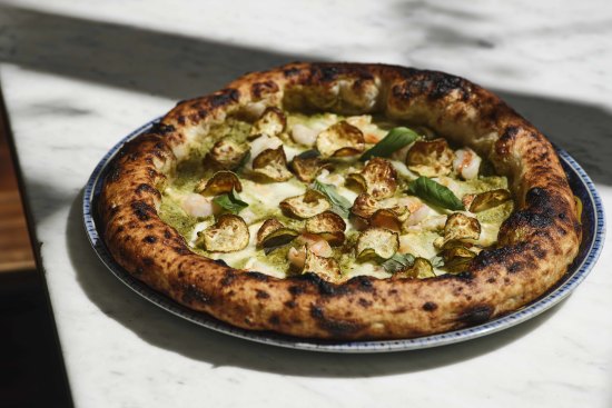 Prawn Nerano pizza is named after a town in Campania and its eponymous zucchini-heavy pasta dish