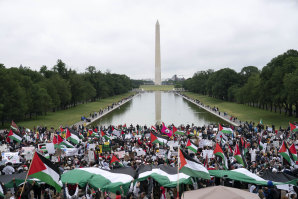 With the Washington Monument in the background, supporters of Palestinian rights gather at the Lincoln Memorial in Washington, DC, on May 29.