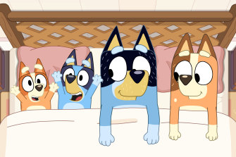Bingo, Bluey, Bandit and Chilli from the ABCâ€™s Bluey.