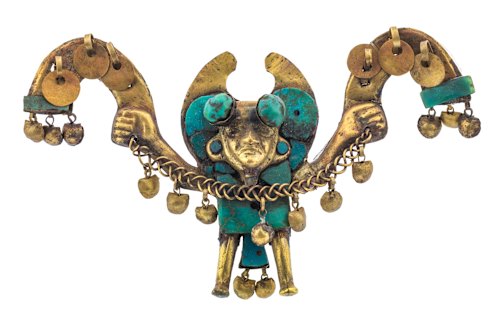 A gold and turquoise nose ornament from the exhibition.