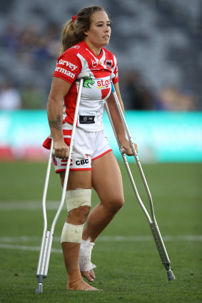 Isabelle Kelly on crutches at Bankwest Stadium.