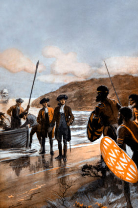 A detail from a painting depicting Cook's first landing at Botany Bay, by George Soper.