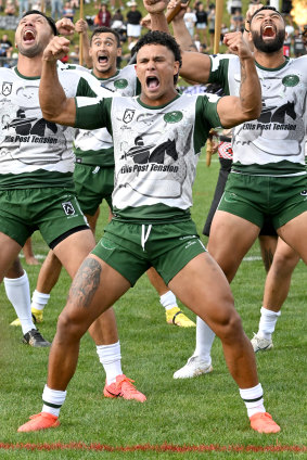 Hayze Perham front and centre of the Maori All Stars haka in Rotorua on Saturday.