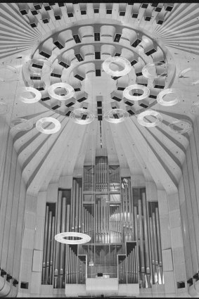 Concert Hall ceiling with acoustic rings in June 1973. 