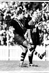 South Sydney and Kangaroos’ super-boot Eric Simms kicks a penalty goal in 1968.